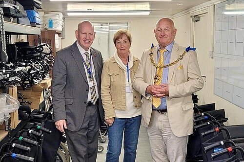Cllr Dave Naghi with volunteer Pauline McShea and Maidstone Mayor Cllr Martin Round. D Naghi at Wheeleasy 2025-06-06